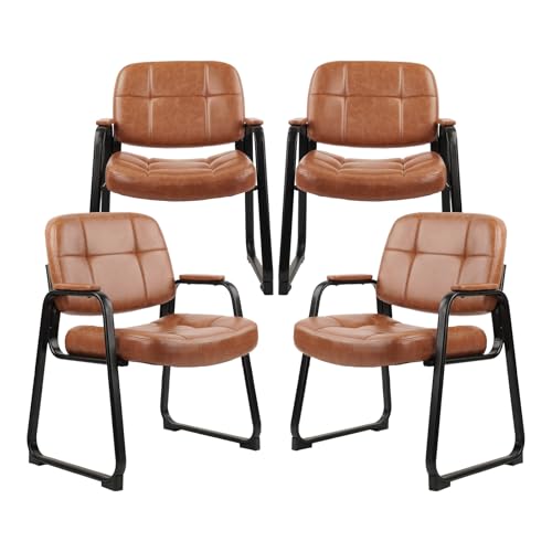 CLATINA Big & Tall 500 lbs Waiting Room Chairs with Padded Armrests and Sled Base, Leather Stationary No Wheels Office Guest Chair for Reception Lobby Home and Meeting Conference, Brown (4 Pack)
